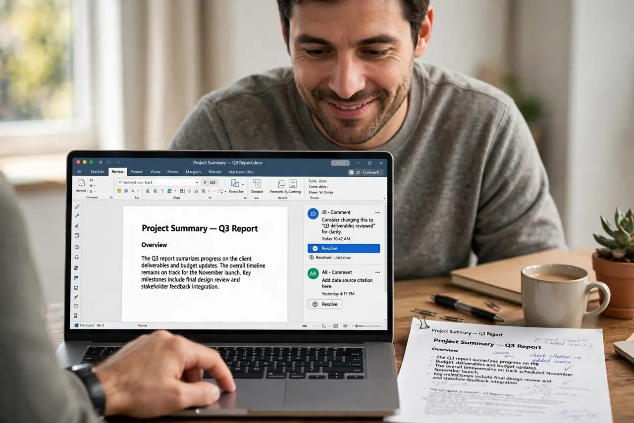a person reviewing a real Word document on screen showing comment bubbles in the margin with legible text, the person clicking resolve, face relieved, printed draft nearby.