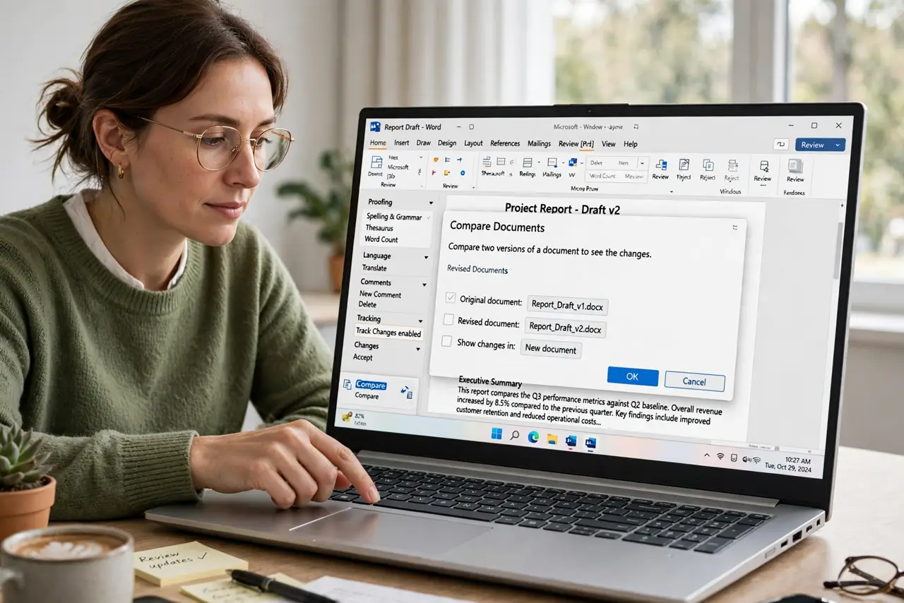 A person calmly performing the guide's first step: Open the Review tab and click Compare.