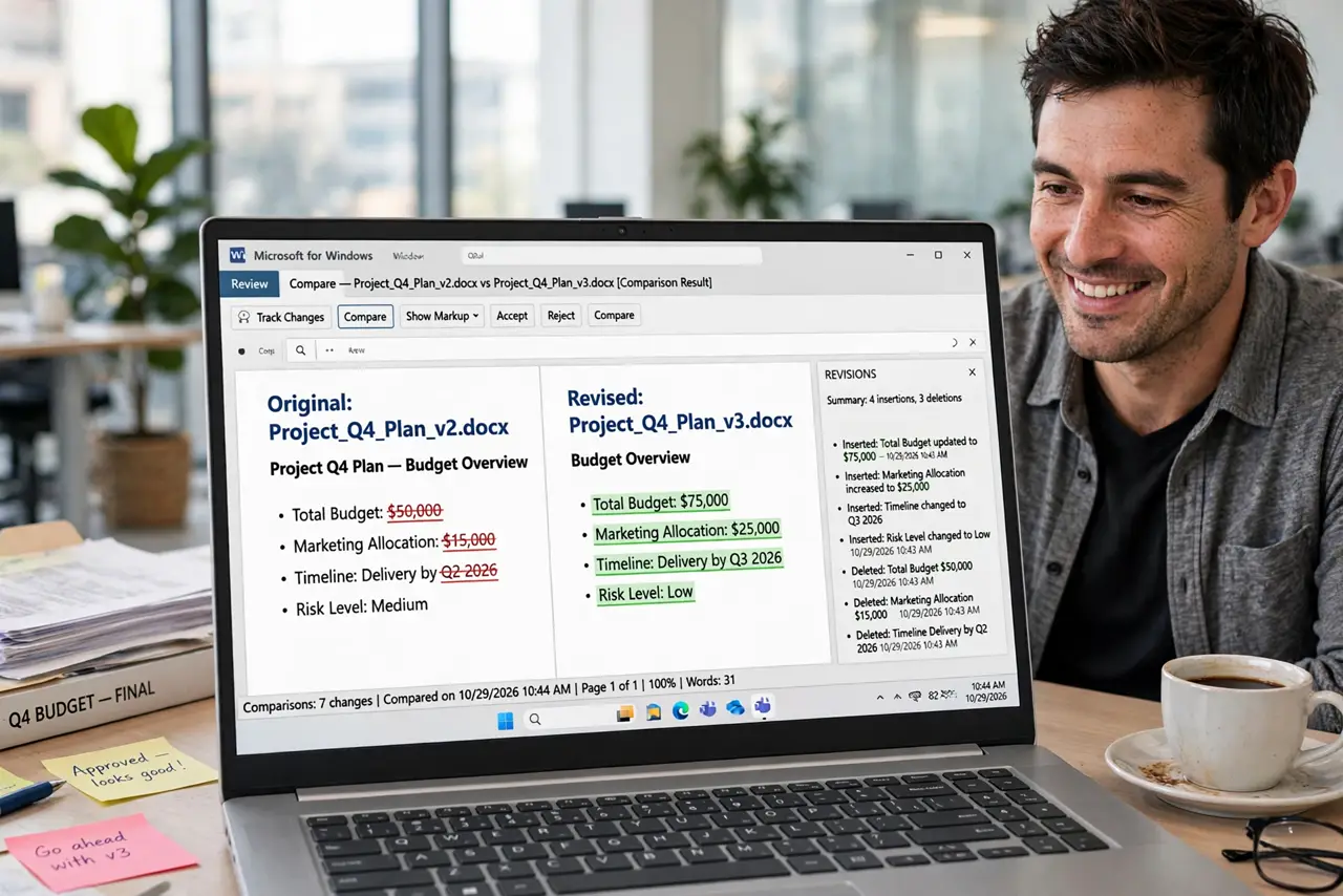 a person comparing two real Word documents side by side on a laptop showing comparison markup legible, the person's face relieved, bright office. No black screen, no blank white sc.