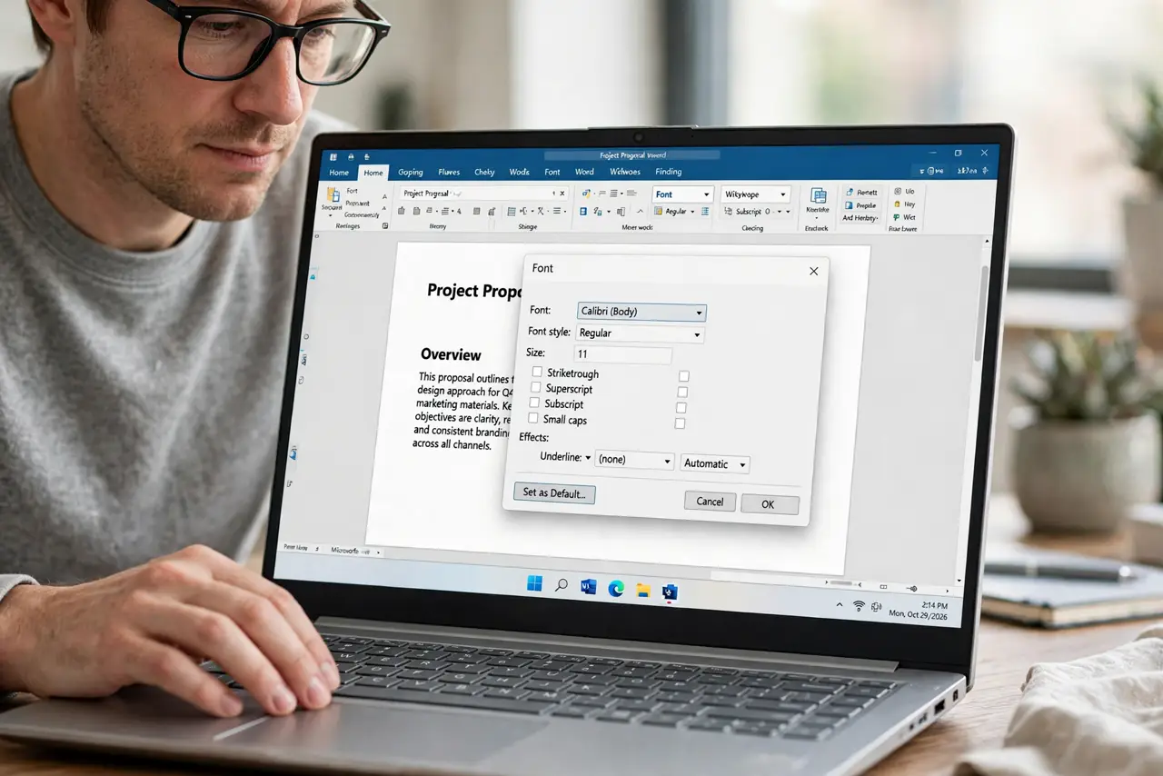 Step 1 in action for Change the Default Font in Word for Good: Open the Font dialog.