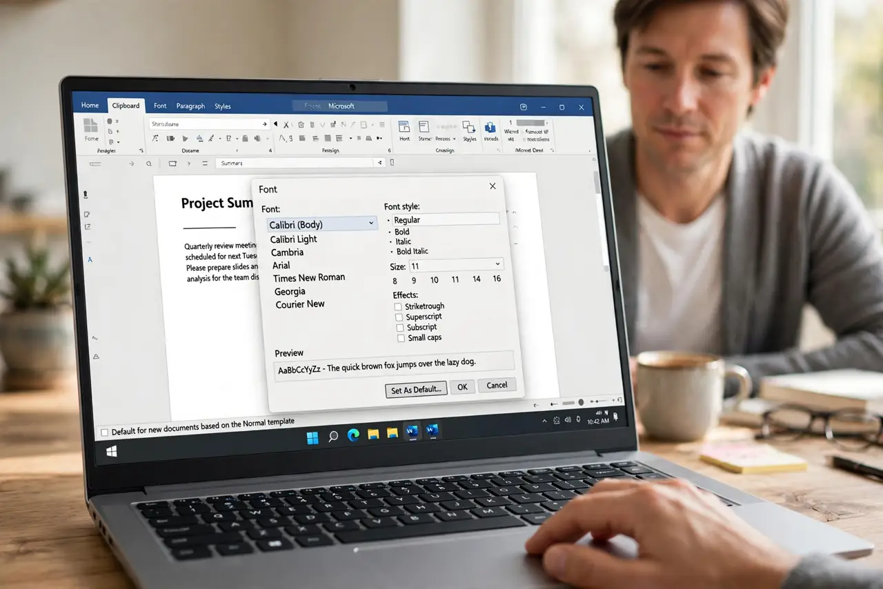 Change the Default Font in Word for Good — a calm adult changing the default font in Word's font dialog on a real laptop, the dialog showing font options