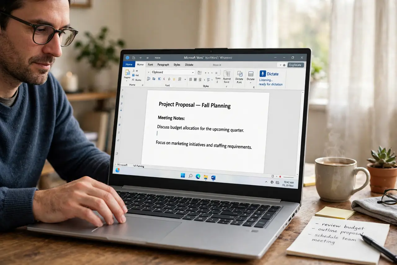 A person performing the first step: Open Word and place your cursor. Dictate types wherever the cursor sits. Click into the paragraph or the blank spot.