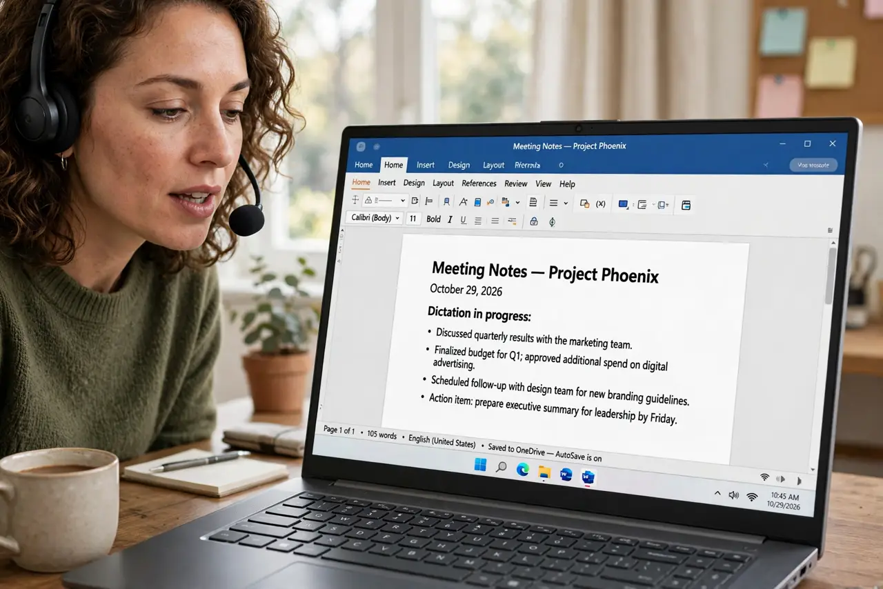 A person speaking into a headset microphone next to a real laptop showing a Word document with dictated text appearing fully legible, the person's face focused, home office.