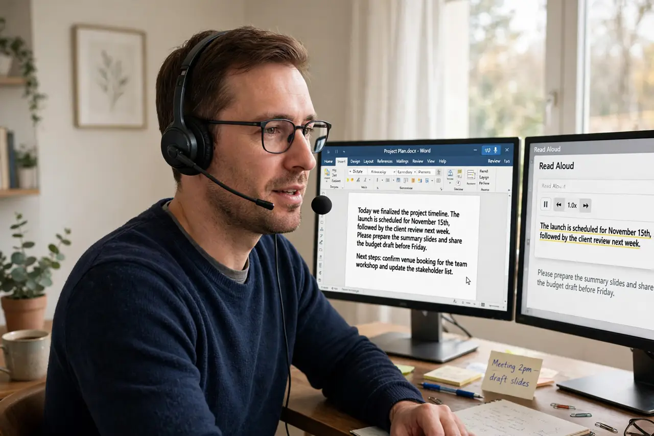 a person dictating into a real headset microphone with Word showing dictated text appearing legibly, and a second screen showing Read Aloud highlighting text, the person's face engaged, home office.