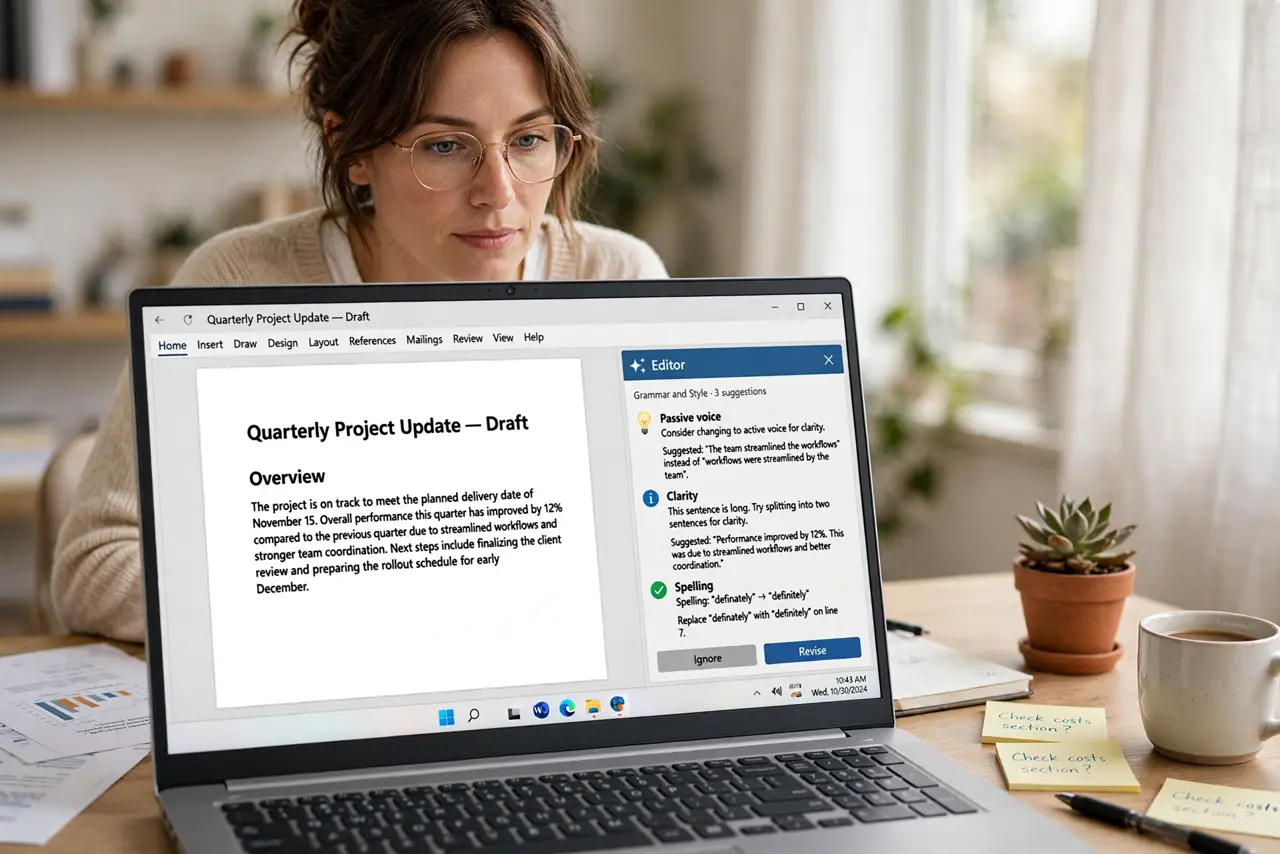 A person editing a real Word document on a real laptop, the Editor pane open on the side showing grammar suggestions with legible text, the person's face…