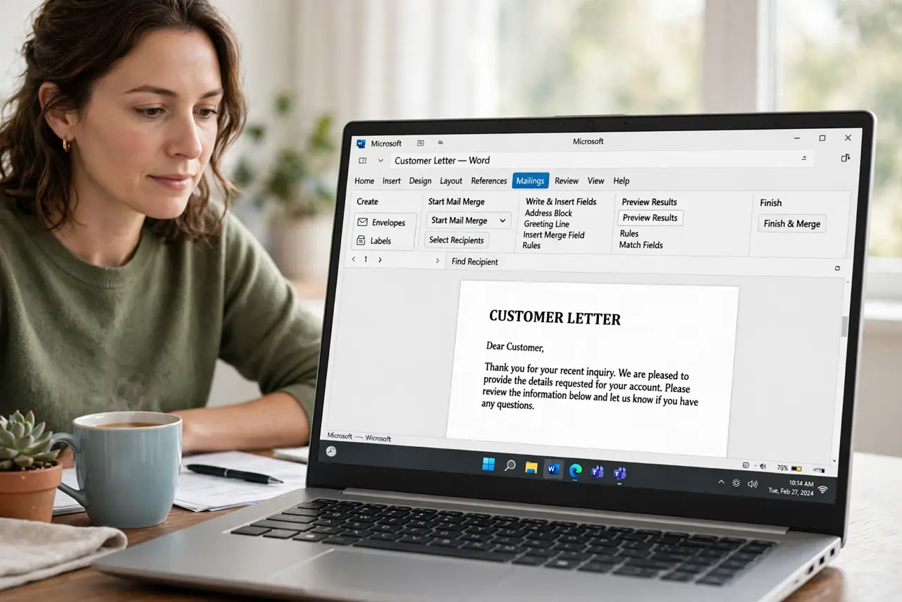 A person calmly performing the guide's first step: Open the Mailings tab.