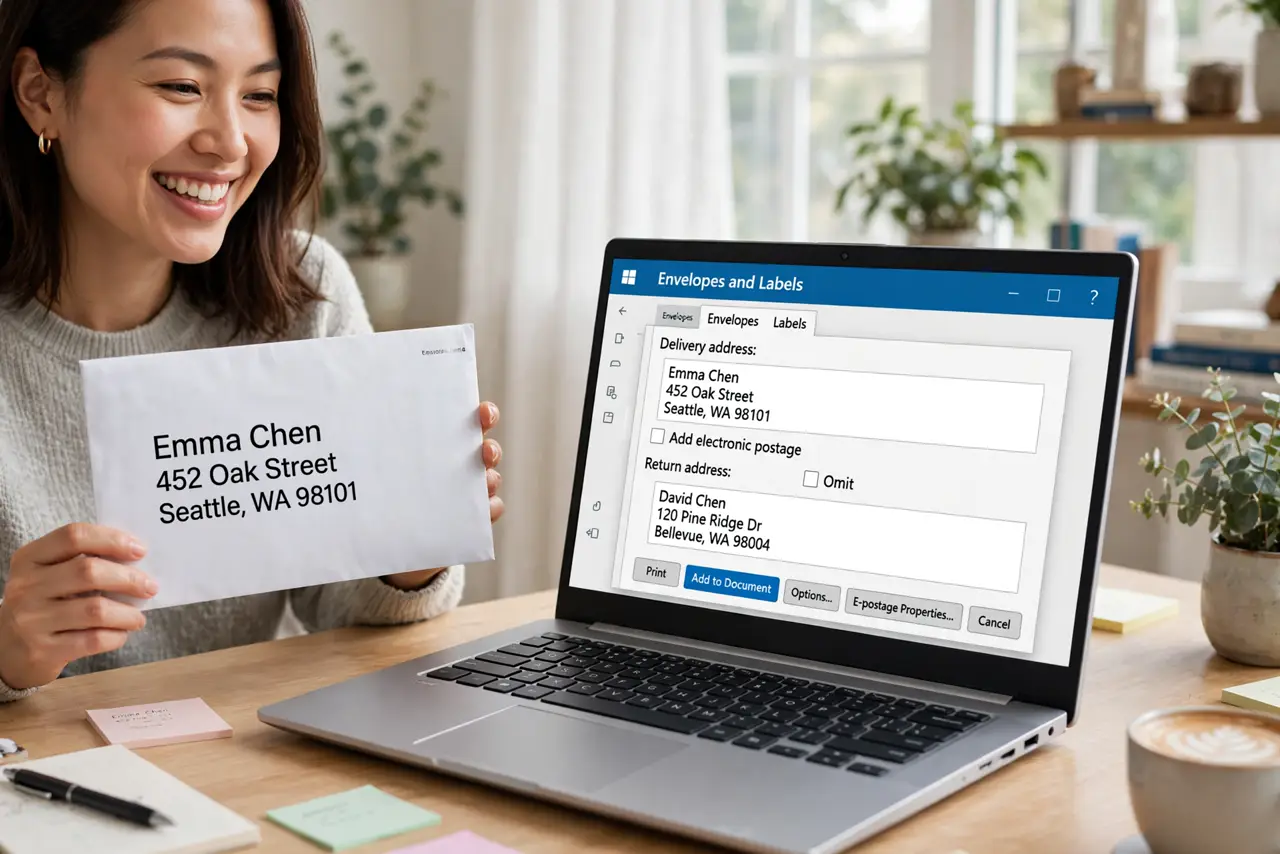 a person holding a real printed envelope with a legible address next to a laptop showing Word's Envelopes dialog, the person's face pleased, bright home office. No black screen, no.
