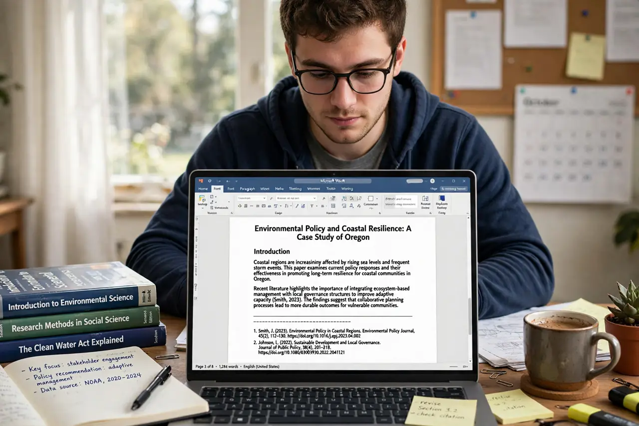a person writing a real academic paper in Word with legible footnotes visible at the bottom of the page, textbooks stacked nearby, the person's face focused, quiet study desk.