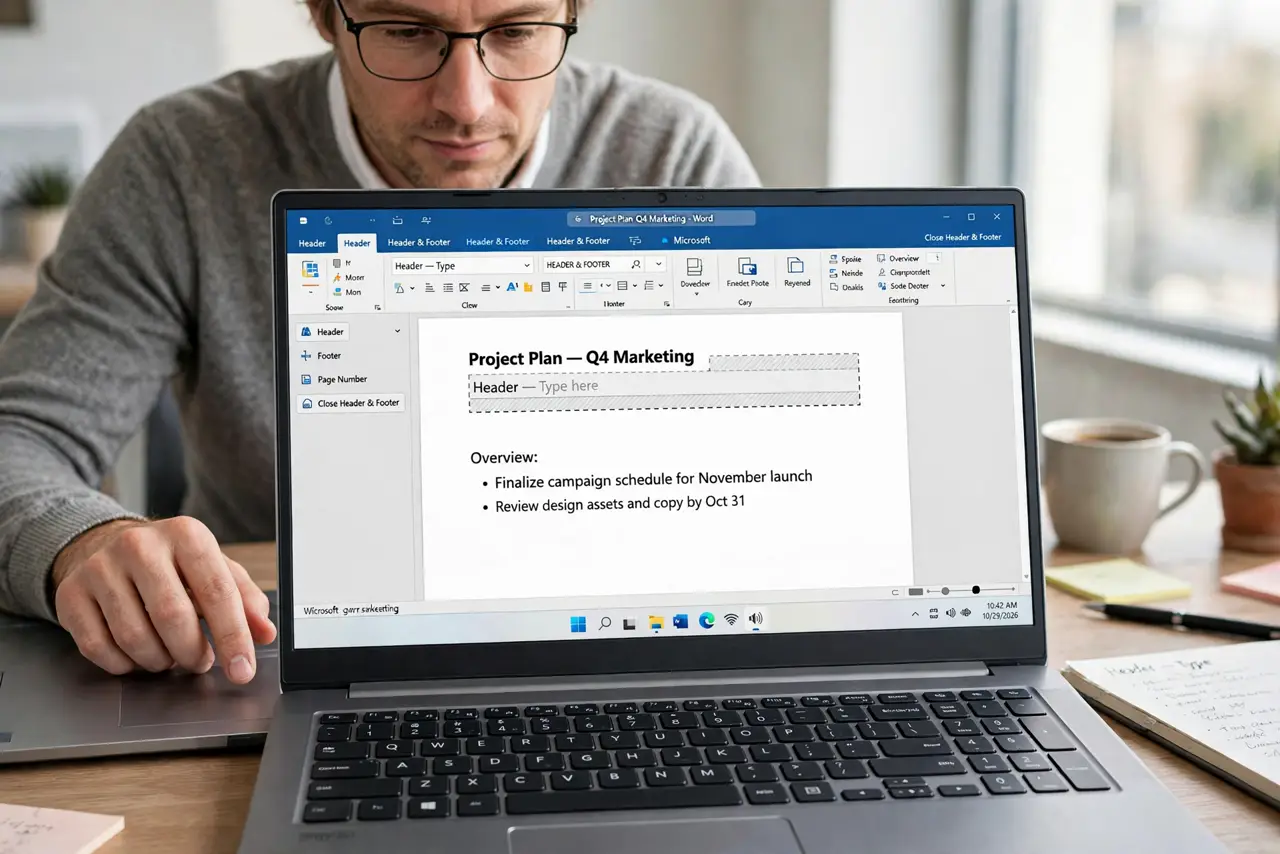 Step 1 in action for Different Header on the First Page: Open the header. Double-click the top margin of any page to open the header area.