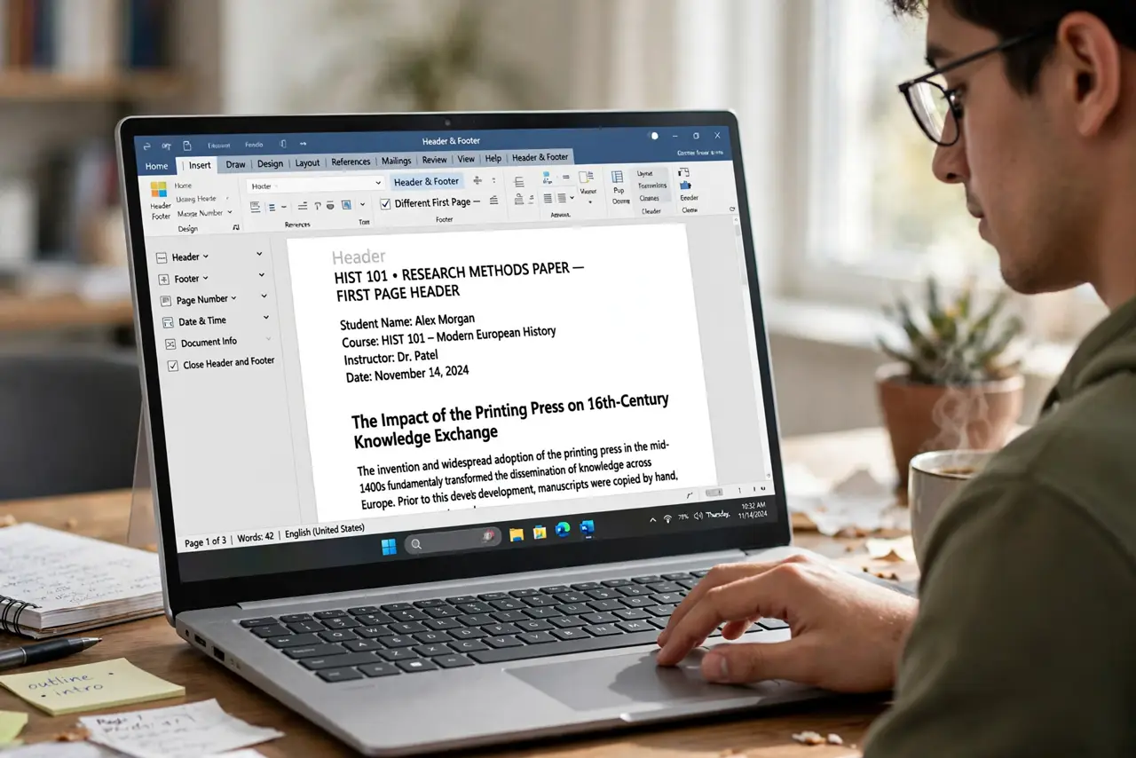 Different Header on the First Page — a calm student setting a different first-page header in Word on a real laptop, the header area showing fully l
