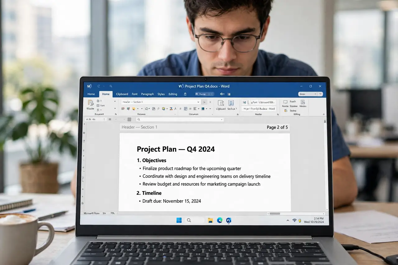 a person editing a real Word document on a laptop showing the header area with legible page numbers, the person's face focused, bright office. No black screen, no blank white scree.