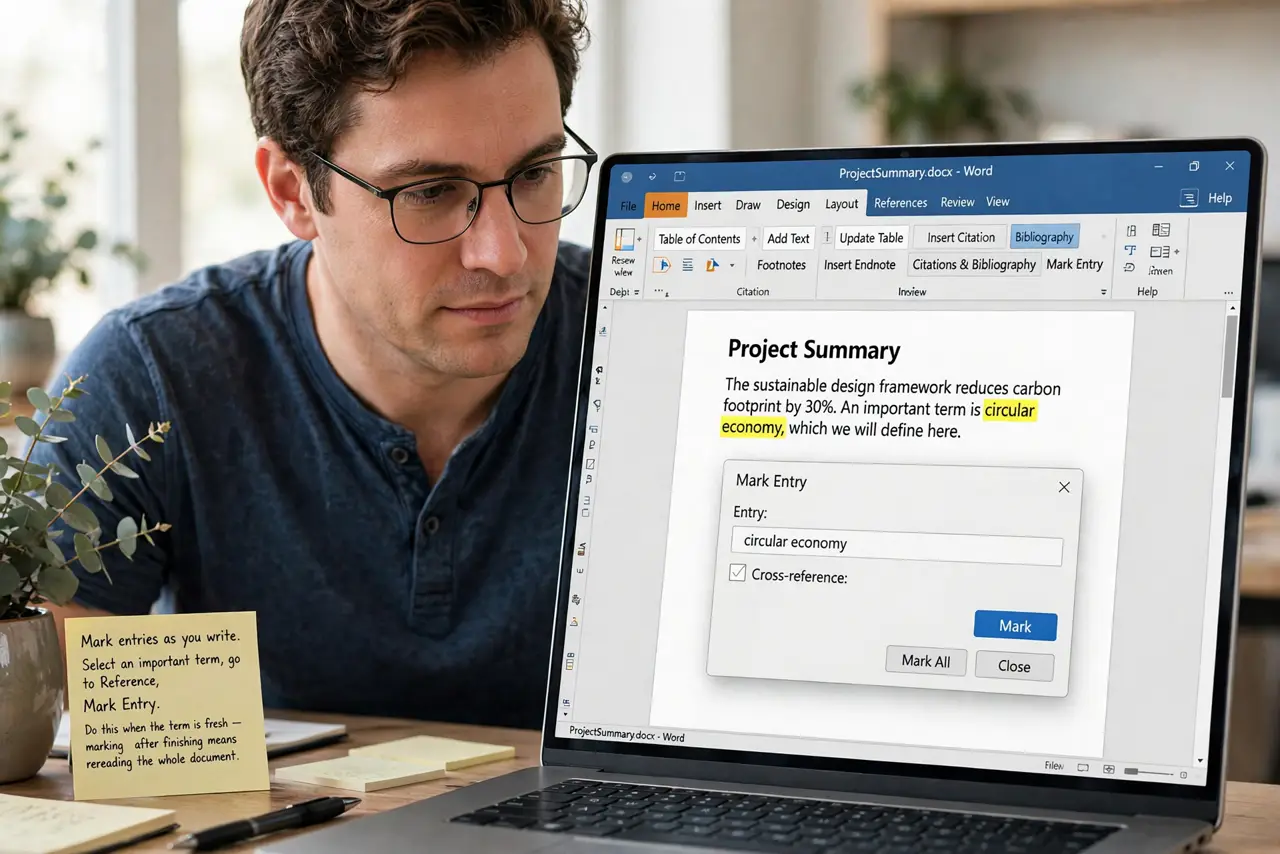 A person performing the first step of the guide: Mark entries as you write.