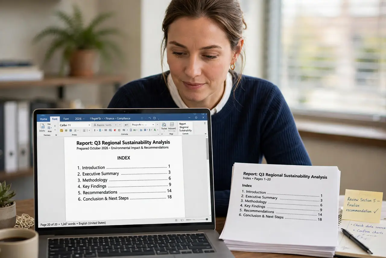 a person reviewing a real Word document showing a legible generated index at the end, long report printed beside, the person's face accomplished, quiet office.