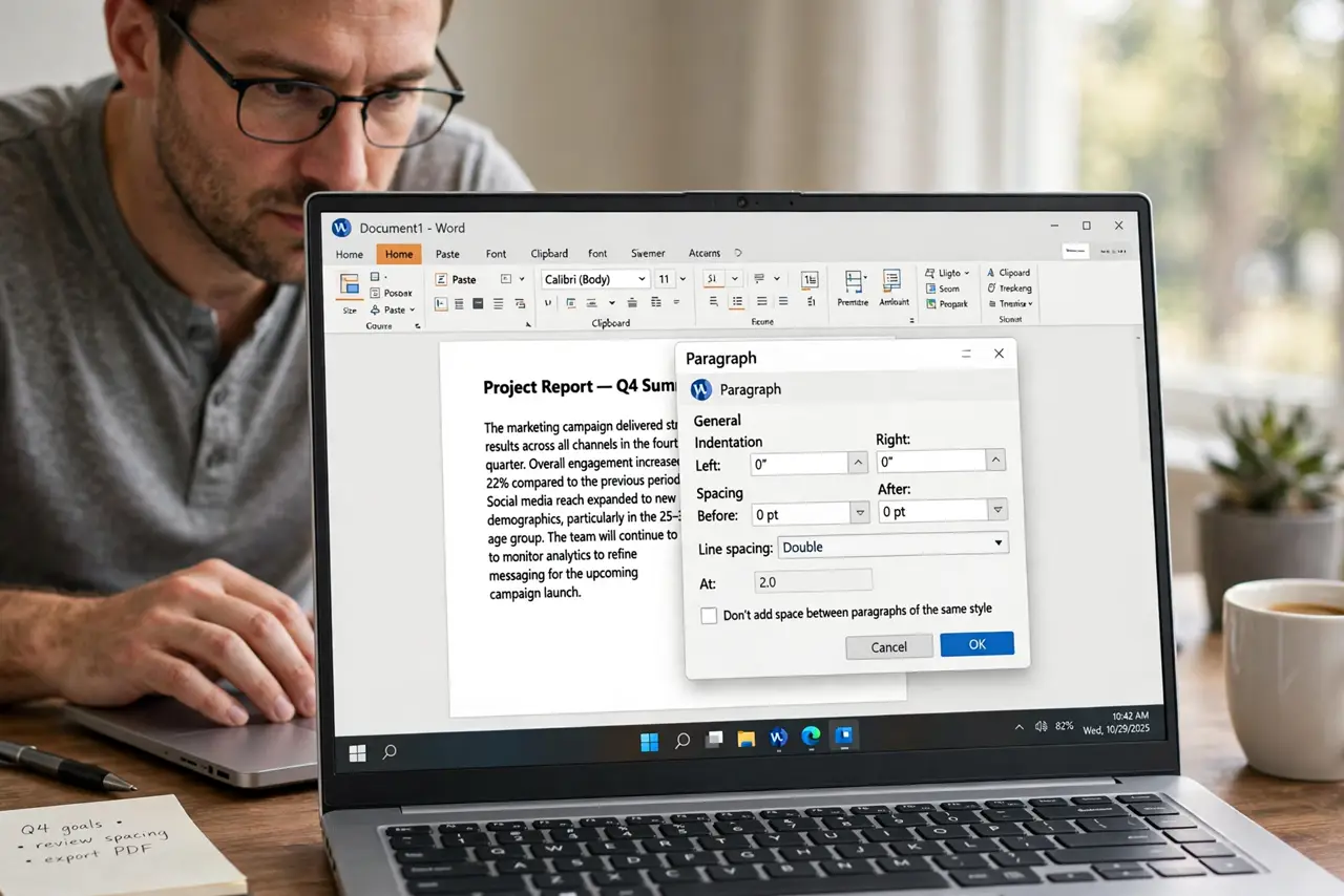 Word Stuck on Double Spacing — a focused adult fixing double line spacing in Word's paragraph dialog on a real laptop, the dialog with fully