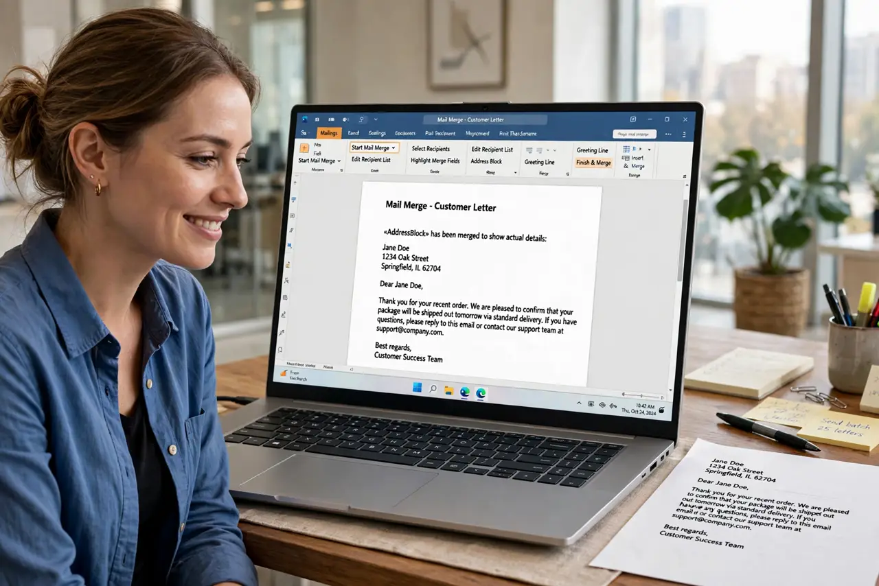 A person at a desk looking at a real laptop showing Word with a mail merge document and legible address fields, a printed letter beside the laptop, the…
