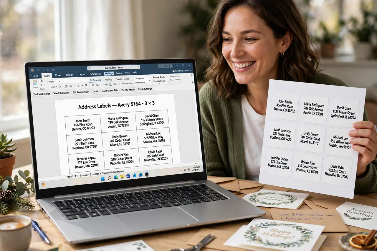 a person holding a printed sheet of real address labels next to a laptop showing Word with a legible label document, festive cards on a table, the person's face relieved and smiling.