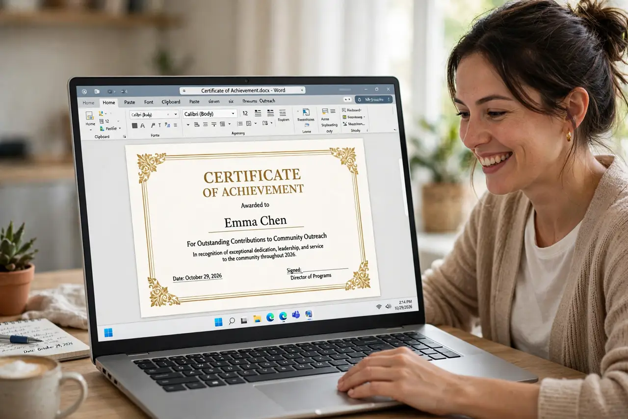 A person designing a real certificate in Word on a real laptop, an elegant page border framing the document with legible text, the person's face pleased with…