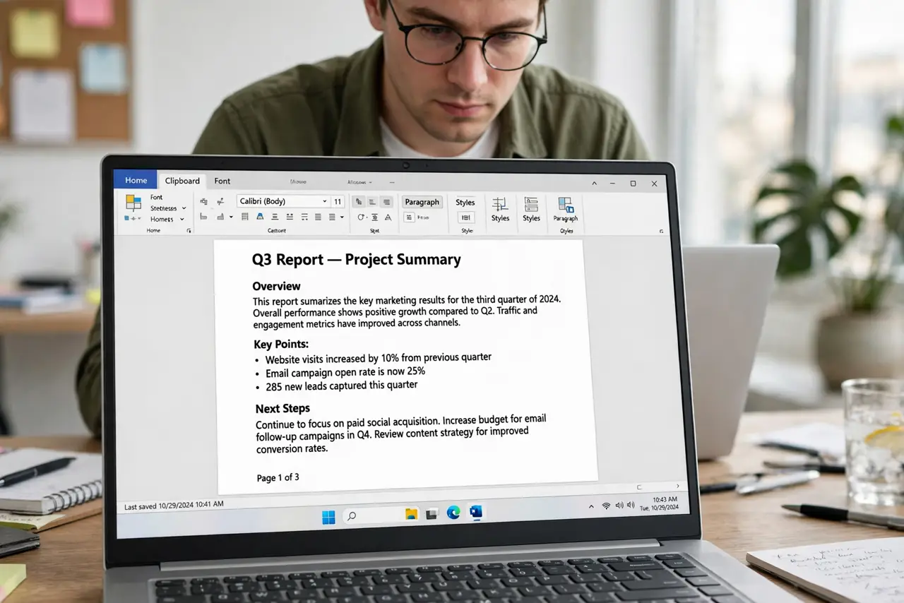 a person looking at a real Word document on a laptop showing page numbers in the footer with legible numerals, the person's face focused, bright office. No black screen, no blank w.