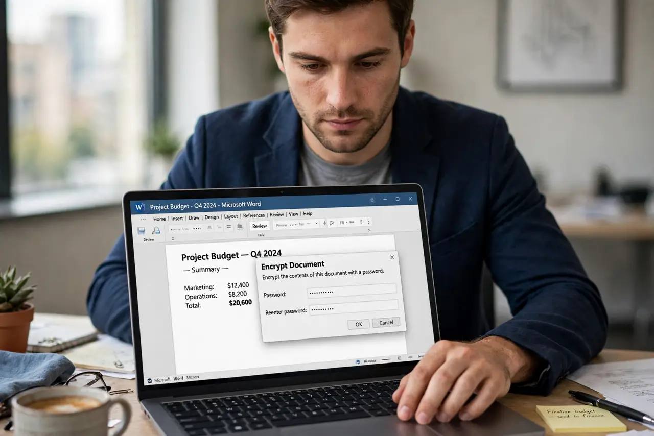 a person setting a password on a real Word document with the encrypt dialog legible on screen, the person's face serious and careful, office desk.