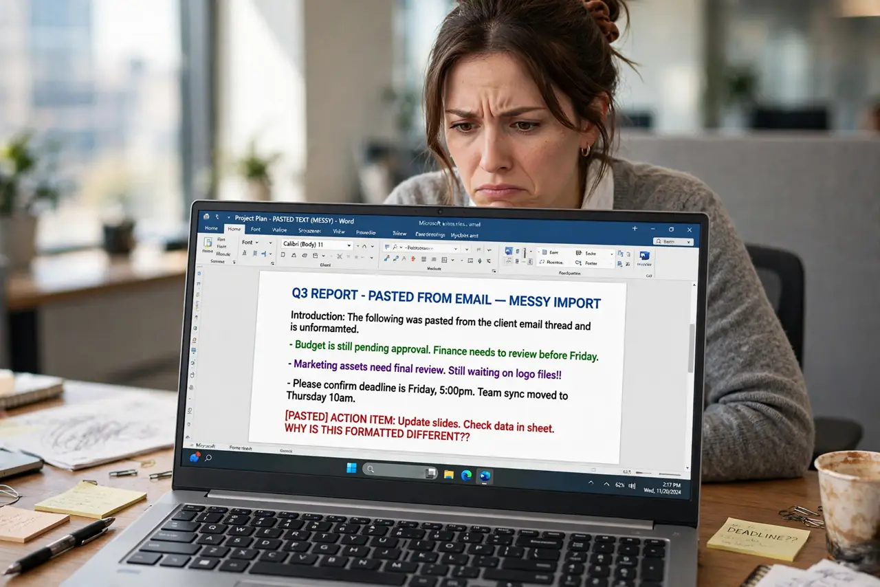 Pasted Text Wrecks Word Formatting — a frustrated office worker looking at messy pasted text in Word on a real monitor, the document showing mixed