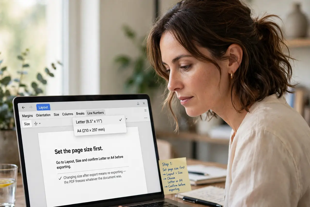 A person performing the first step of the guide: Set the page size first.
