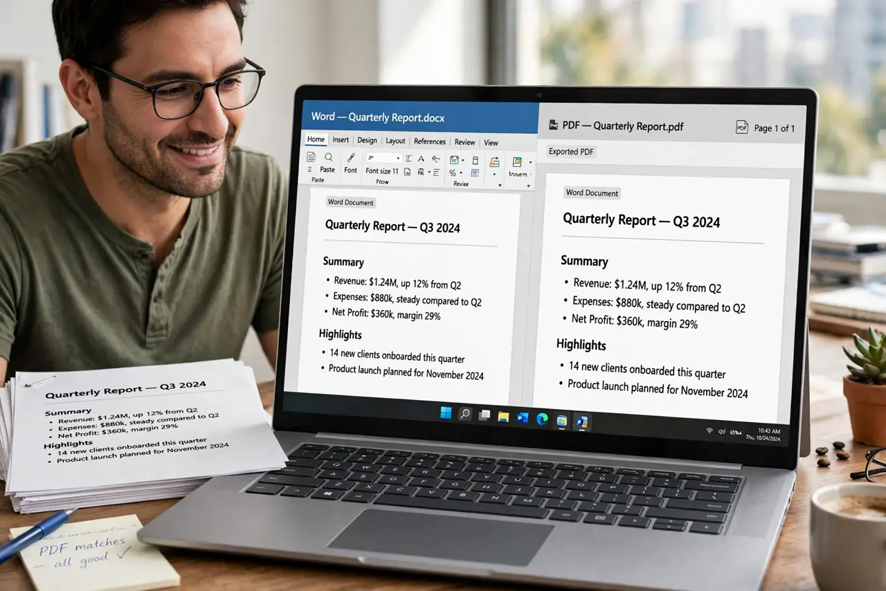 a person comparing a real Word document and its exported PDF side by side on a monitor with legible matching layouts, the person's face satisfied, printed pages nearby.