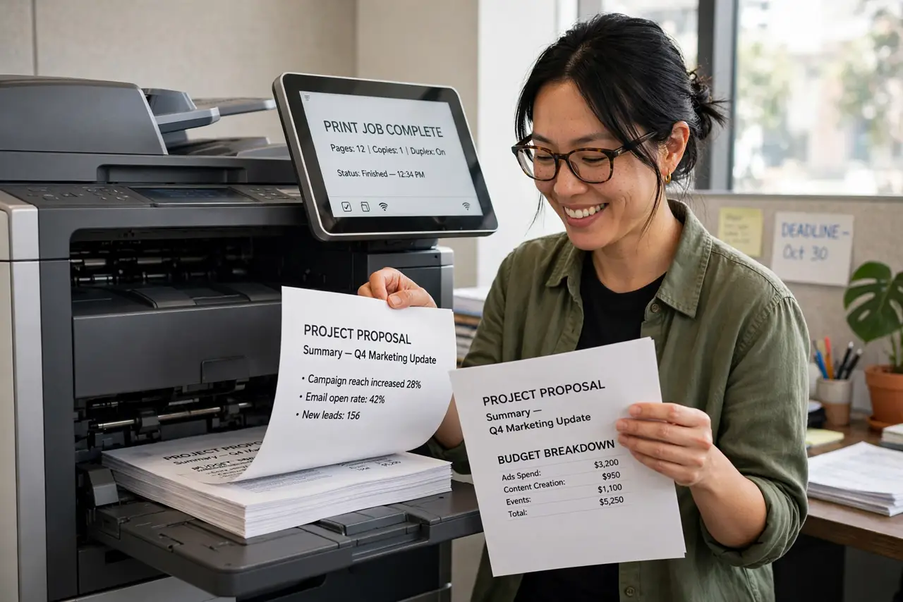 A person collecting freshly printed double-sided pages from a real printer, flipping a page to show printing on both sides, the person's face satisfied.
