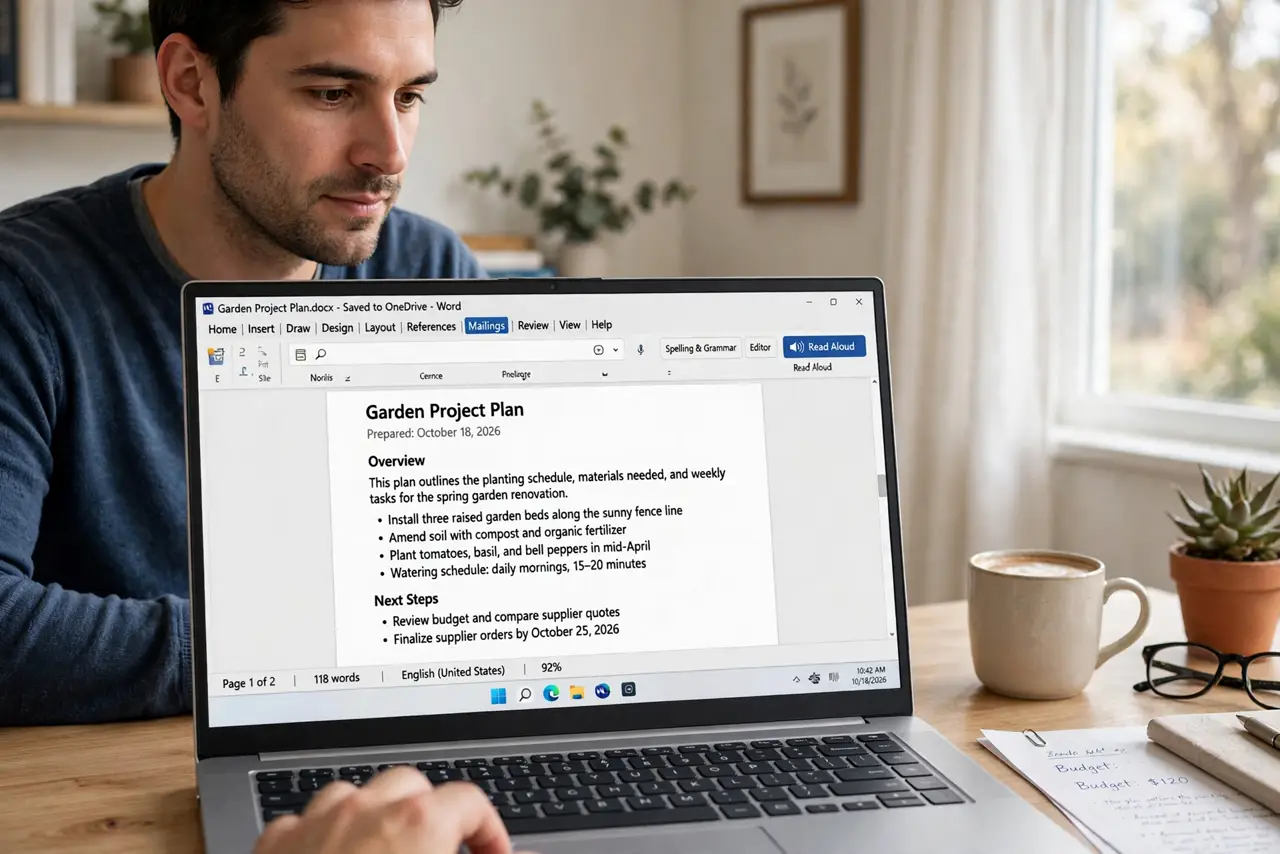 A person performing the first step: Open the document in Word. Read Aloud is a Microsoft 365 feature. Open your .docx in the desktop app or Word on the web..