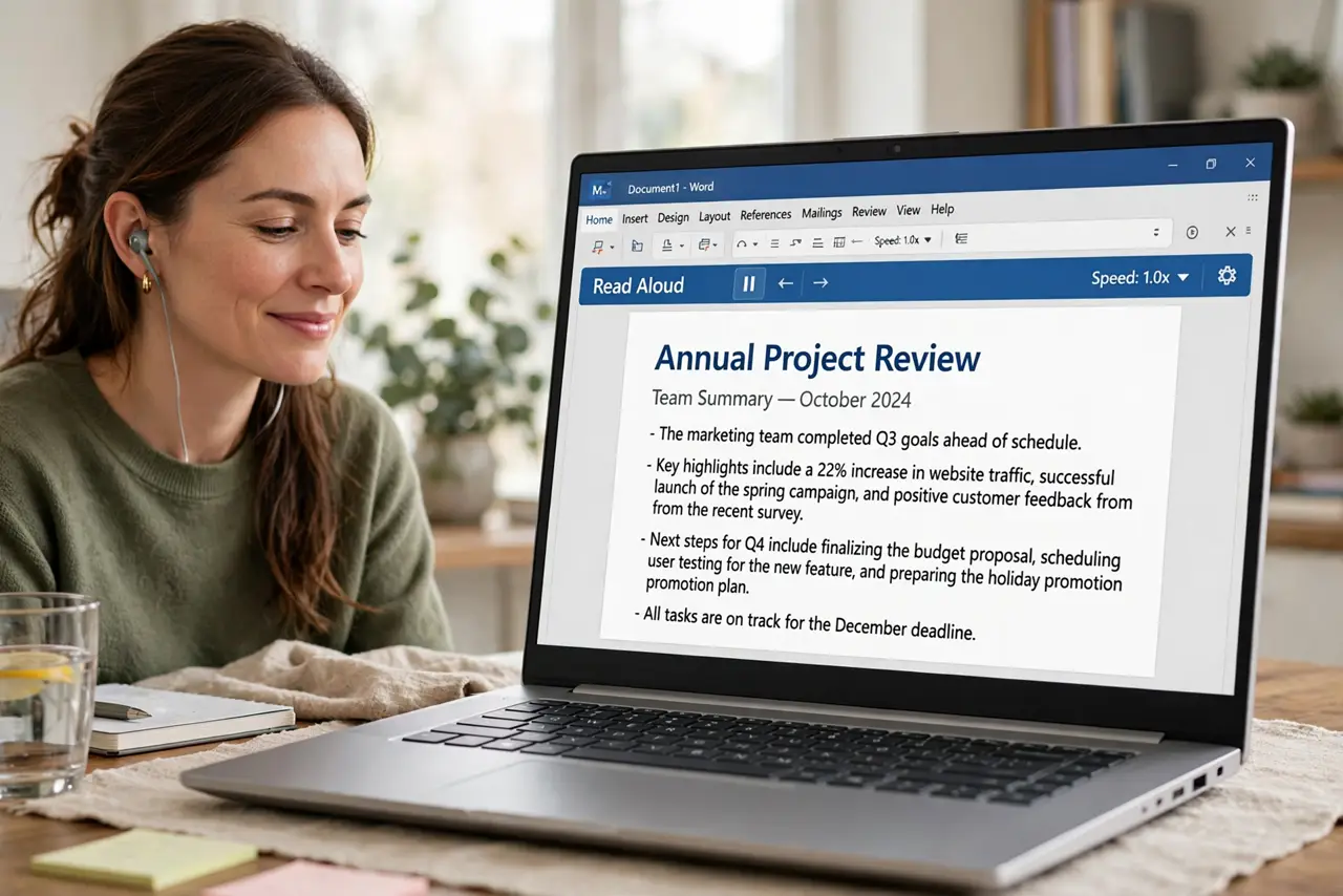 A person listening with earbuds next to a real laptop showing a Word document with text fully legible and the Read Aloud toolbar visible, the person's face relaxed, home office.