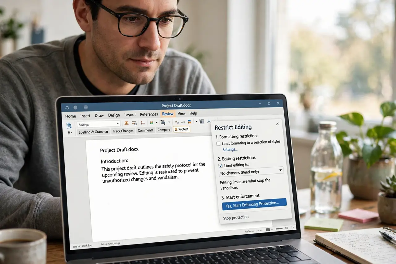 A person performing the first step of the guide: Open Restrict Editing.