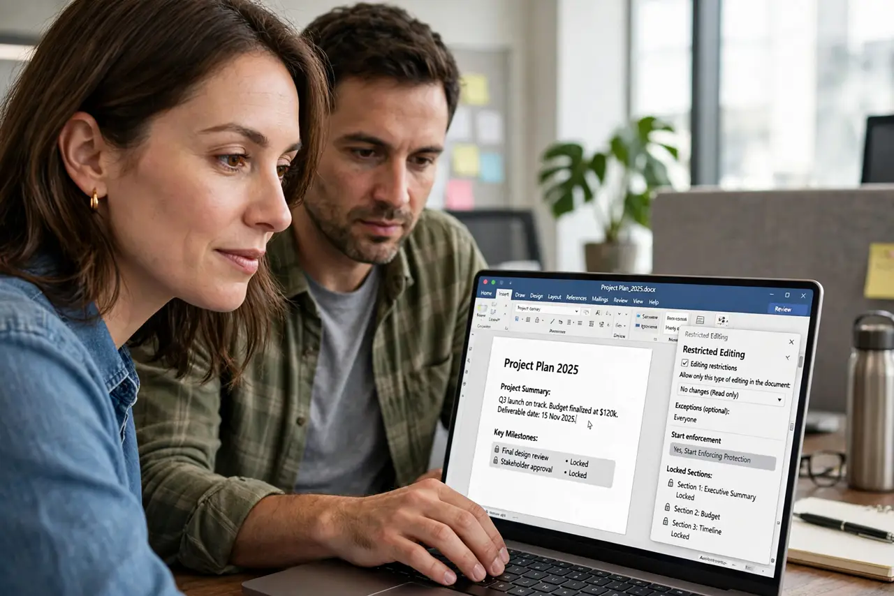 a person sharing a real Word document on screen showing restricted editing panes with legible locked sections, a colleague filling in an open field, both faces focused, office.