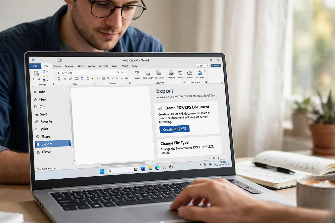 A person carrying out step one: use export on desktop word.