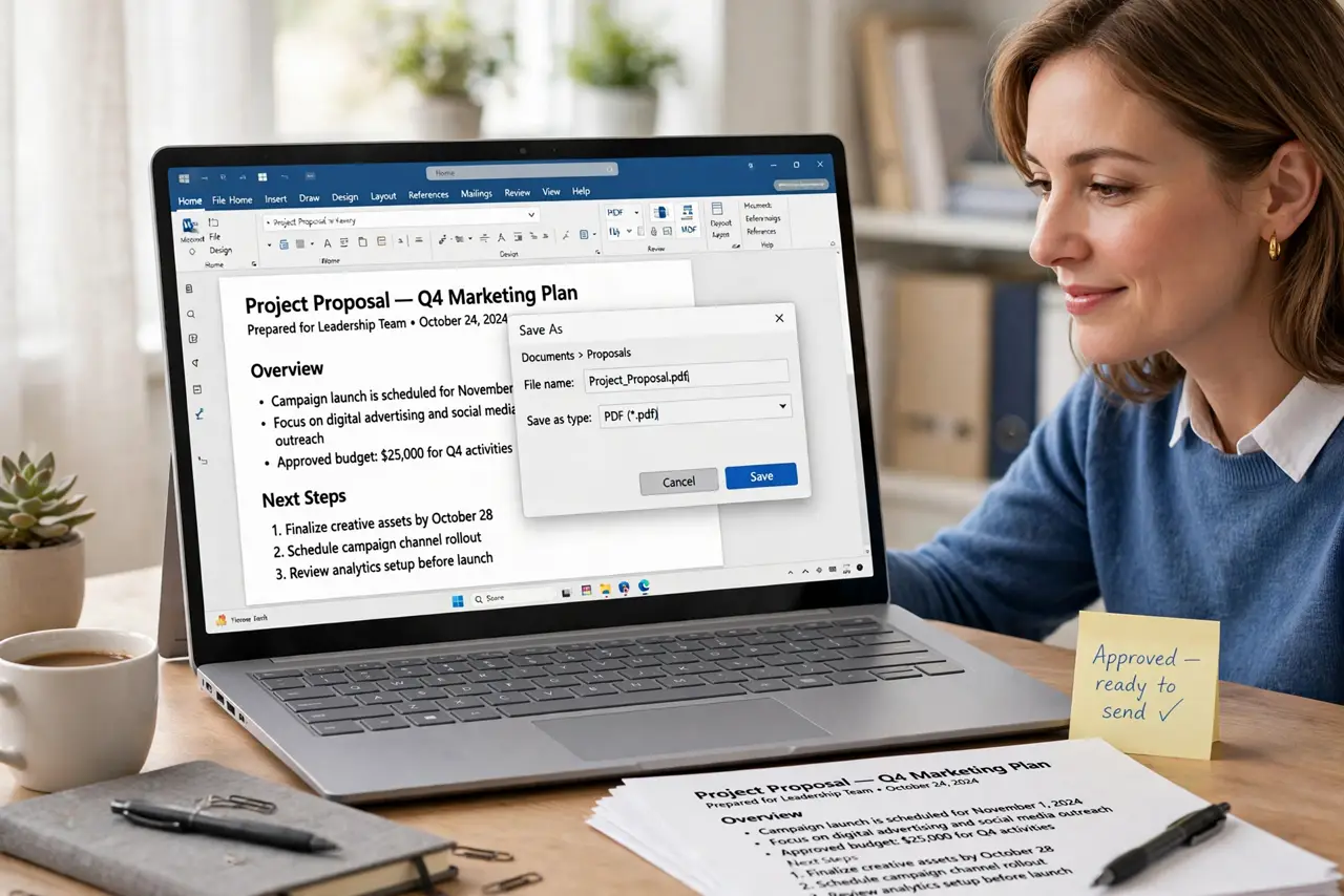 A woman at a desk looking at a laptop showing a Word document with the Save as PDF dialog legible on screen, her face calm and satisfied, printed pages beside…