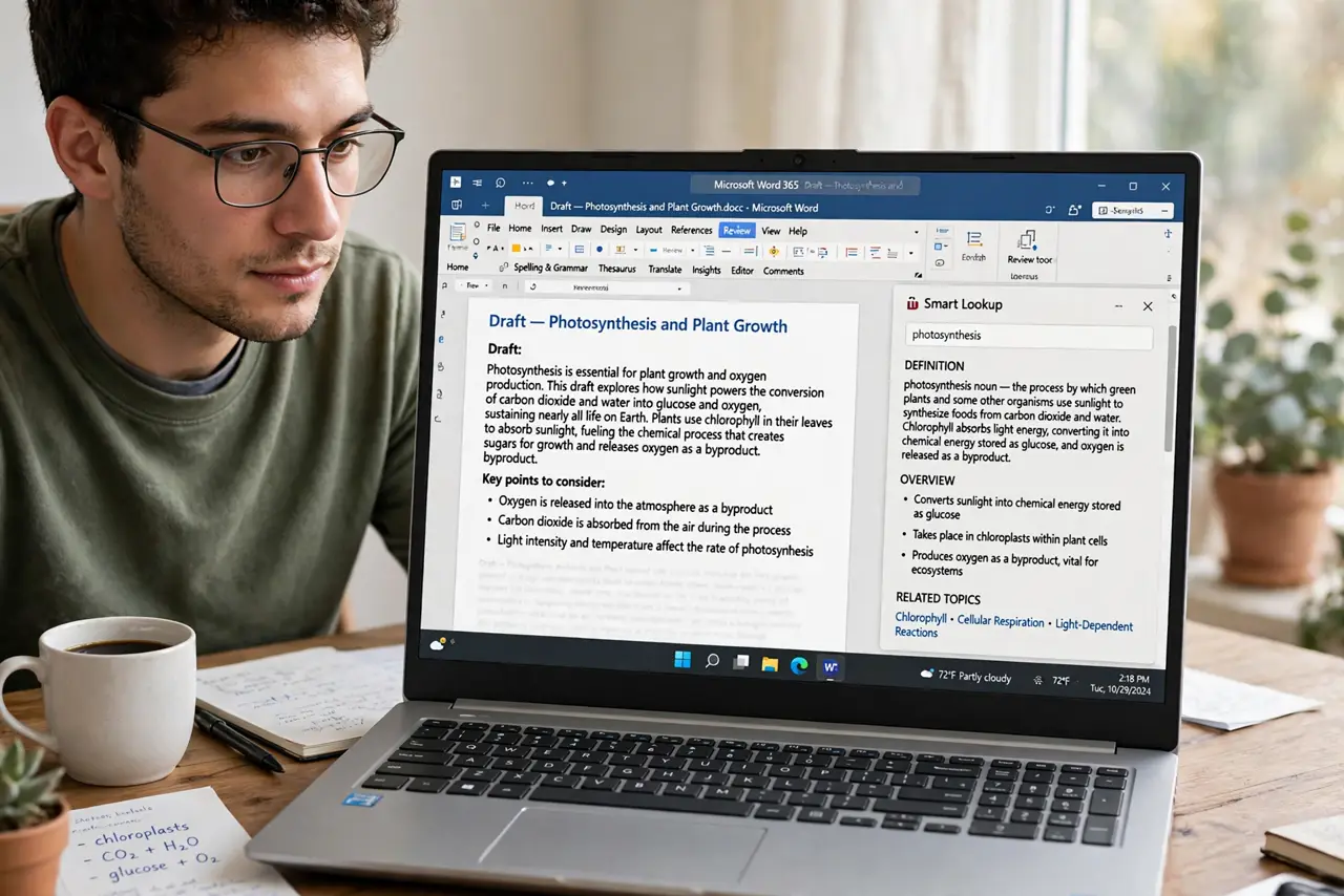 a person using Smart Lookup in real Word with a research side pane showing legible definitions, document draft beside it, the person's face focused, study desk.