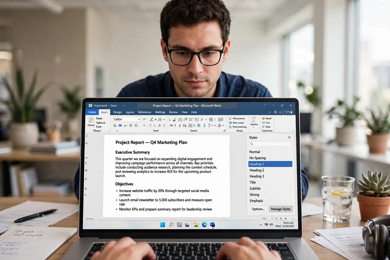 A person working on a real laptop showing Microsoft Word with a legible document and the Styles pane open, the person's face focused, bright office.