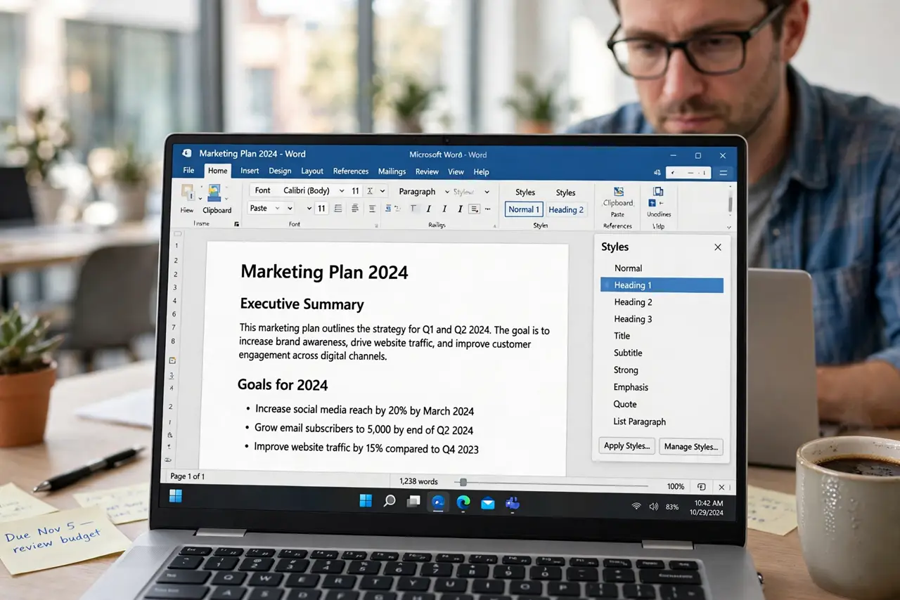 a person editing a real Word document on a laptop showing the Styles pane with legible style names, the person's face focused, bright office. No black screen, no blank white screen.