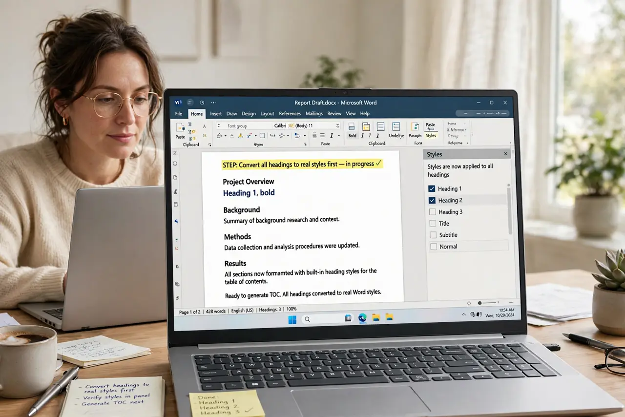 A person calmly performing the guide's first step: Convert all headings to real styles first.