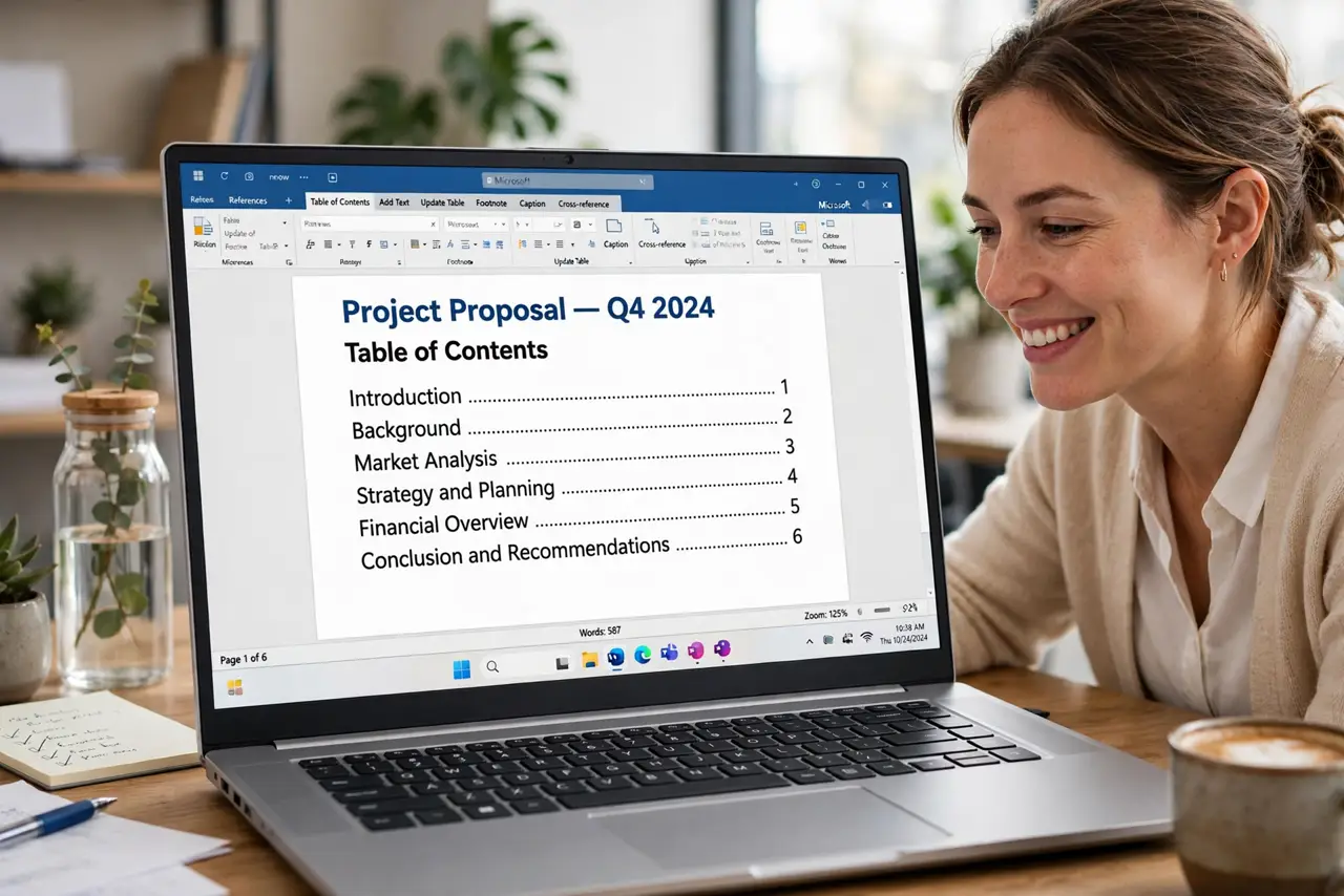 a person viewing a real Word document on a laptop showing an auto-generated table of contents with legible page numbers, the person's face satisfied, bright office. No black screen.
