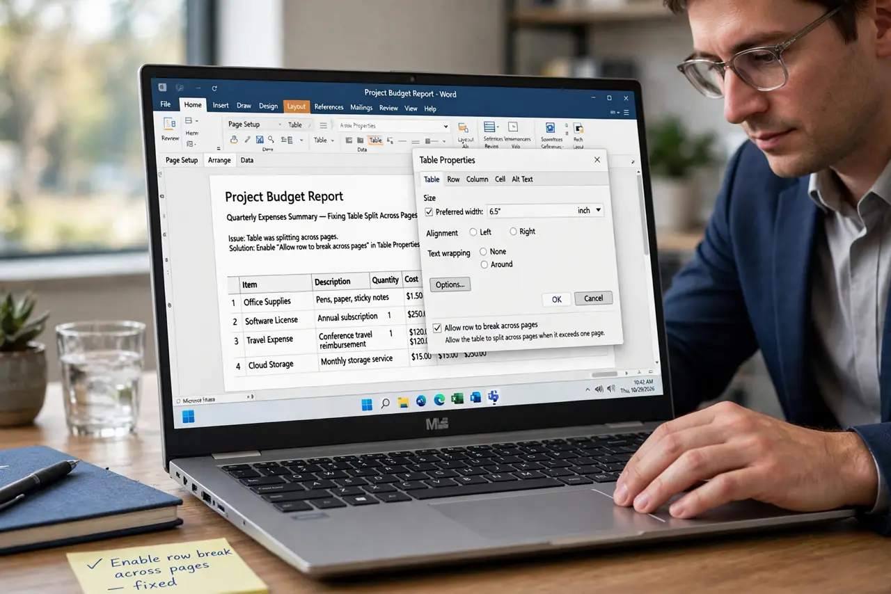 Word Table Splits Across Pages — a calm professional fixing a table split across pages in Word on a real laptop, the table properties dialog wi