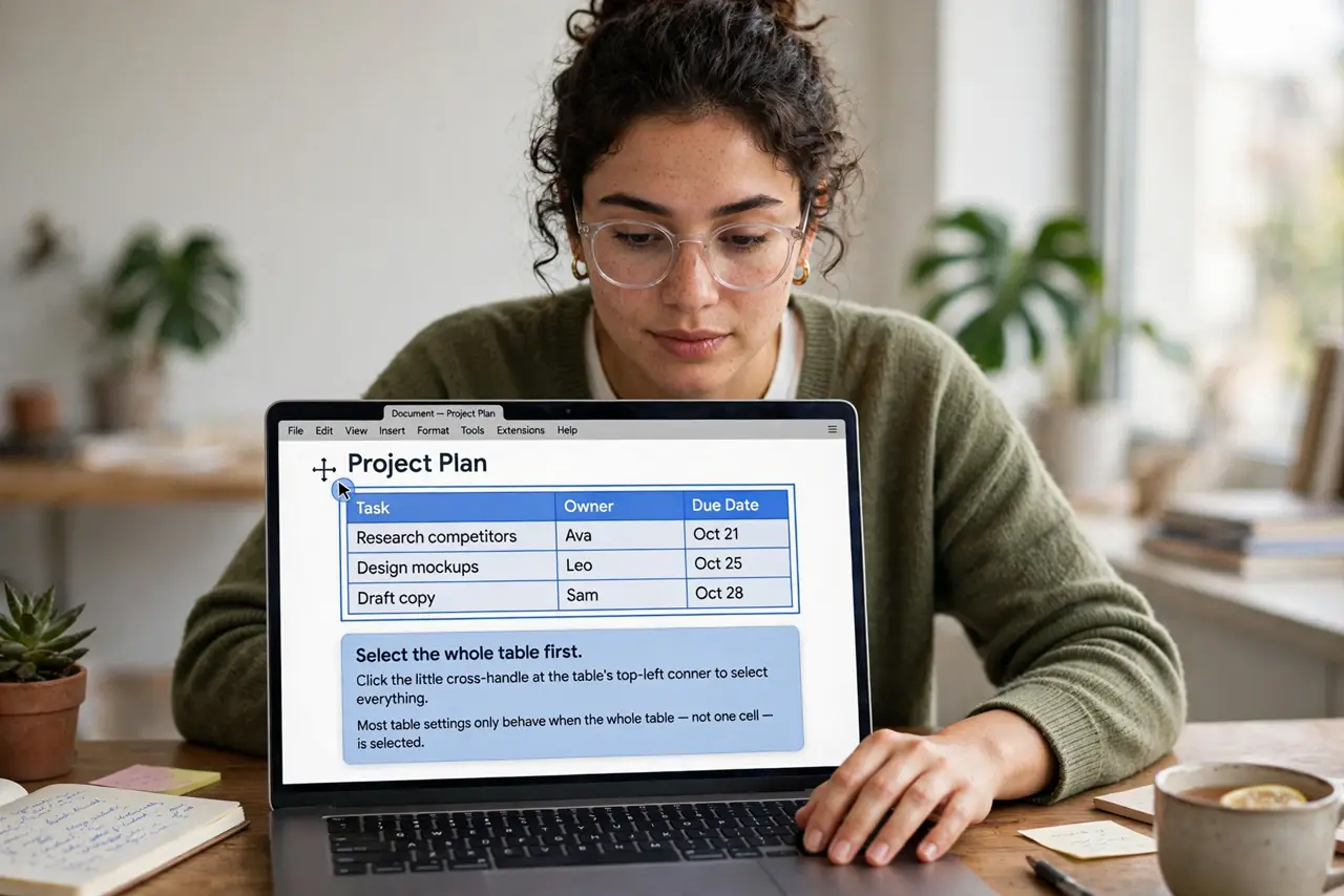 A person performing the first step of the guide: Select the whole table first.