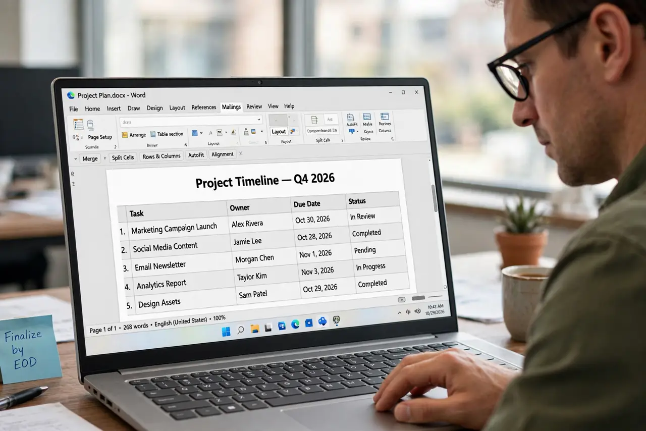 A person formatting a real Word table on a real laptop, the table with neat rows and columns with legible text, the person's face focused and in control.