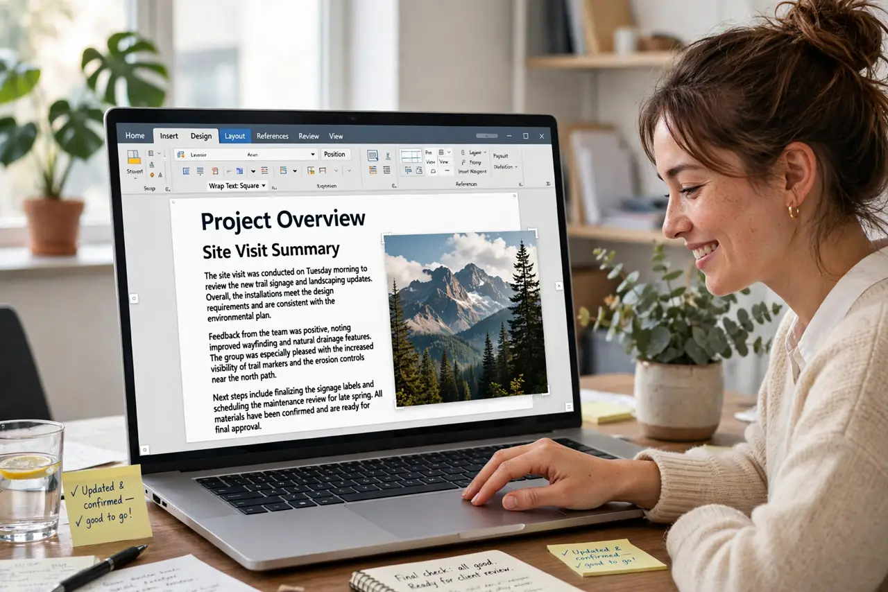 a person positioning an image in a real Word document showing text wrapping around it with legible text, the person's face relieved, bright office. No black screen, no blank white .