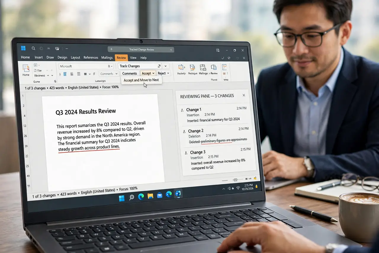 Accept All Track Changes in Word at Once — a calm professional accepting tracked changes in Microsoft Word on a real laptop, the review pane showing chan