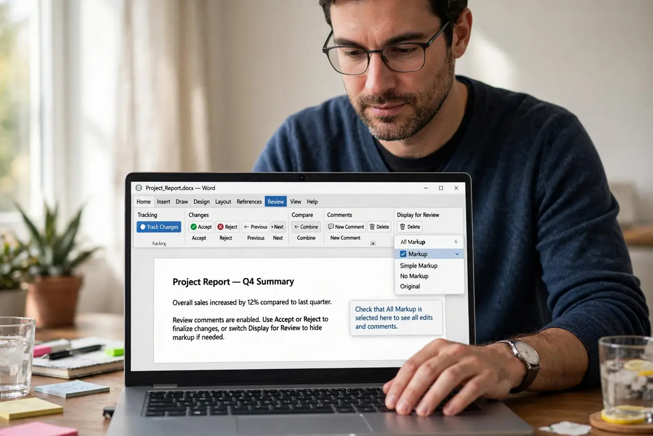 A person performing the first step of the guide: Open the Review tab.