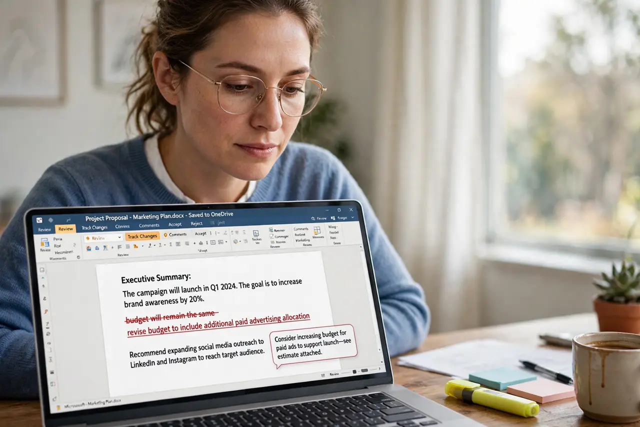 a person at a desk reviewing a real Word document on screen showing tracked changes with red markup and legible text, the person's face focused, highlighter nearby.