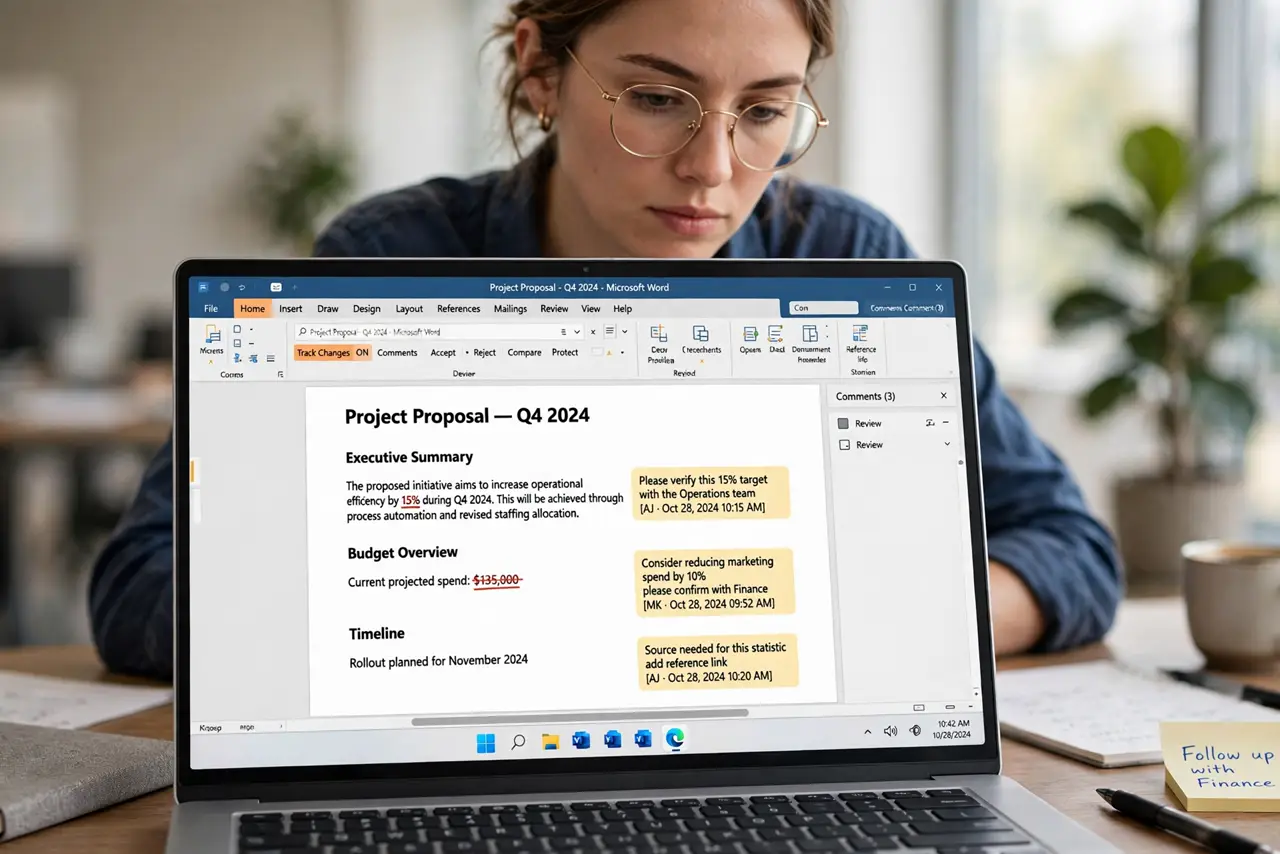 a person reviewing a real Word document on a laptop showing tracked changes with legible markup in the margins, the person's face focused, bright office. No black screen, no blank .