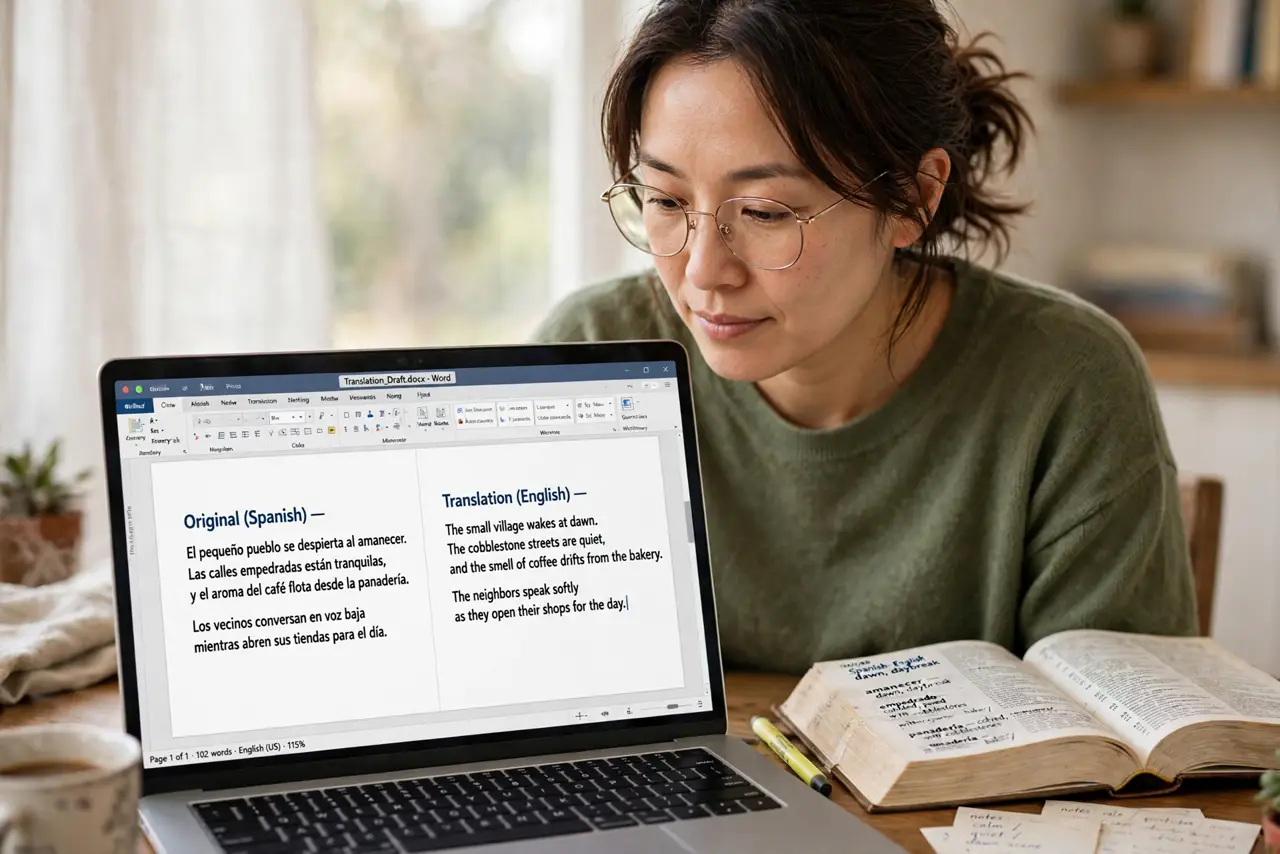 a person reading a real Word document translated side by side with the original foreign text legible, the person's face understanding, dictionary nearby.