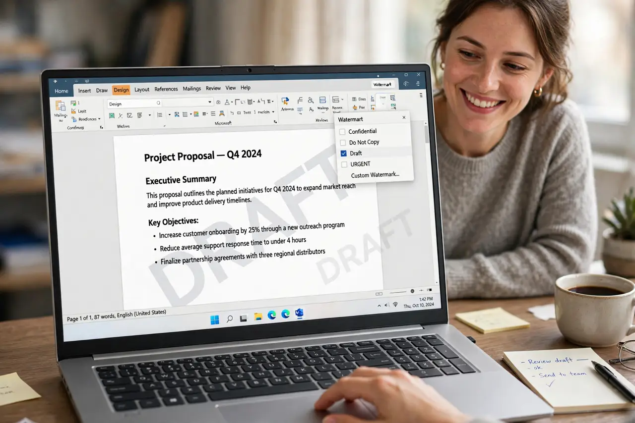 A person adding a DRAFT watermark to a real Word document on a real laptop, the faint text visible behind the document content with legible text, the person's…