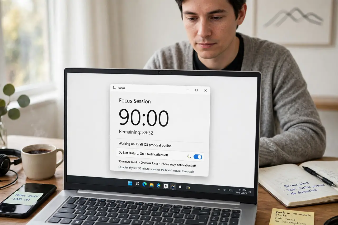 A person performing the guide's first step: Work in 90-minute blocks. Set a timer for 90 minutes and work on one thing with full attention — phone away, notifications off. Ninety…