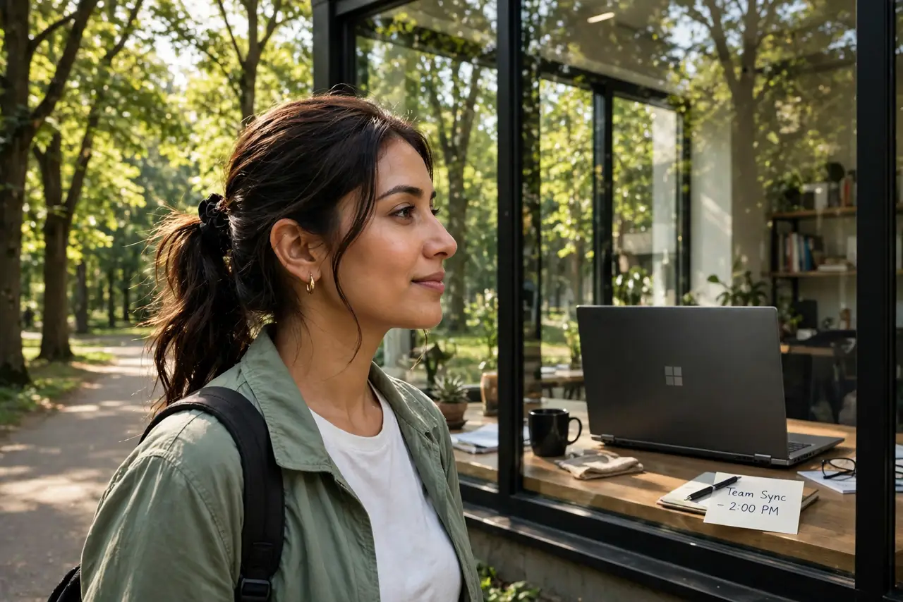 A person taking a real break walking outdoors with trees and daylight, a laptop closed on a desk visible through a window behind, the person's face refreshed and calm, afternoon light.